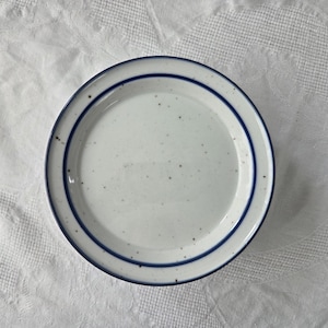 Puede incluir: Un plato redondo de cerámica blanca con una superficie moteada y un borde azul de doble línea. El plato es de diseño sencillo y clásico, adecuado para el uso diario. El plato tiene aproximadamente 23 cm de diámetro.
