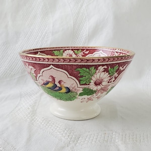 Antique PV France Portieux Vallerysthal Footed Transferware Bowl, Quail and Flower Motif with Gold Rim