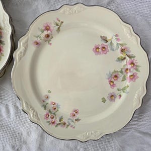 Puede incluir: Platos de cerámica color crema con borde festoneado y ribete plateado. Cada plato presenta un diseño floral en rosa y verde. La imagen muestra una pila de platos, lo que indica un juego.