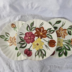 Puede incluir: Tres platos de cerámica blanquecina con diseños florales pintados a mano. Cada plato presenta una disposición diferente de flores en tonos marrón, burdeos, amarillo y melocotón, con hojas verdes. Los platos están dispuestos sobre una superficie blanca texturizada.