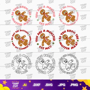 May include: A selection of gingerbread man designs with phrases like "Do you know the muffin man?" and "You are a monster, eat me!" The designs are in brown and white, with a cartoon style.