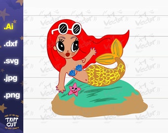 Op de afbeelding: Een cartoon zeemeermin met rood haar en een zonnebril, gekleed in een blauwe schelpenbeha en een goudbruine staart, zit op een groen en bruin eiland. Een roze zeester is in de buurt. De tekst ".Ai, .dxf, .svg, .jpg, .png" en "TRIPP CUT" is inbegrepen.