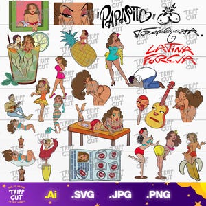 May include: A selection of vibrant pin-up style illustrations depicting women in diverse poses. The images include a cocktail, a pineapple, a guitar, and text that reads "Parasito" and "Latina Forever".