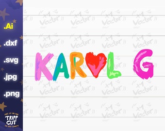 Op de afbeelding: Kleurrijk digitaal ontwerp met de naam "KAROL G" in levendige, handgeschilderde letters. De "O" is vervangen door een rood hart. Het ontwerp staat op een witte, houtnerf achtergrond met vectorafbeeldingen.