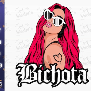 May include: Digital illustration of a woman with vibrant pink hair and heart-shaped sunglasses. She has a tattoo of a heart with thorns on her arm. The word "Bichota" is written in a gothic font below her.