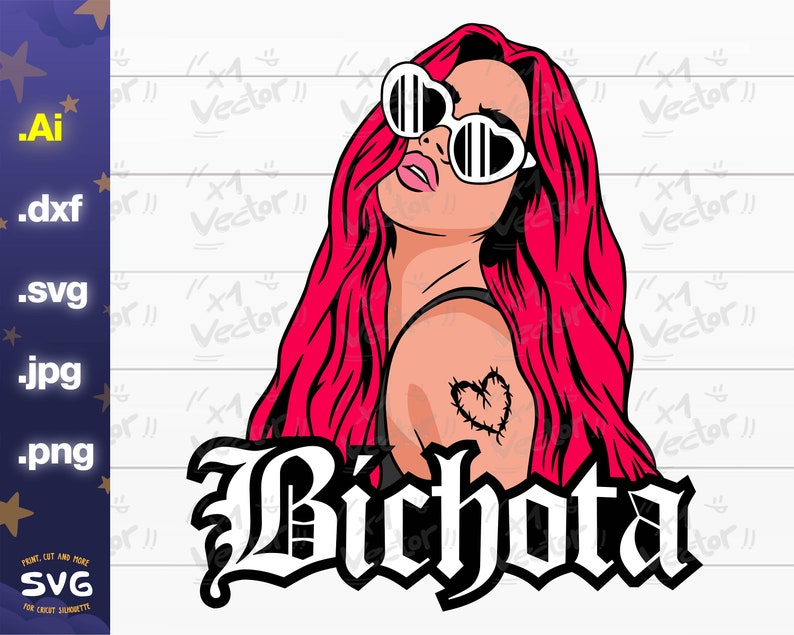 May include: Digital illustration of a woman with vibrant pink hair and heart-shaped sunglasses. She has a tattoo of a heart with thorns on her arm. The word "Bichota" is written in a gothic font below her.