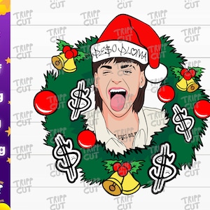 May include: A digital illustration of a person with a Santa hat and a Christmas wreath. The hat says "DESO LOMA". The wreath has dollar signs, red ornaments, and gold bells. The image has the text "TRIPP CUT" repeated.