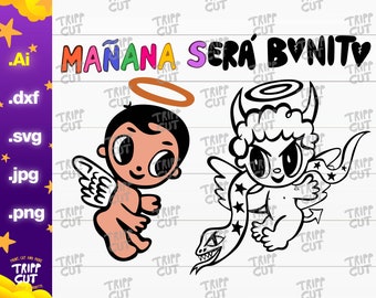 Op de afbeelding: Digitale illustratie van een cartoon engel en duivel. De engel heeft een halo en vleugels, de duivel heeft hoorns, een staart en een slang. Bovenstaande tekst luidt "MAÑANA SERÁ BVNITY" in kleurrijke letters.