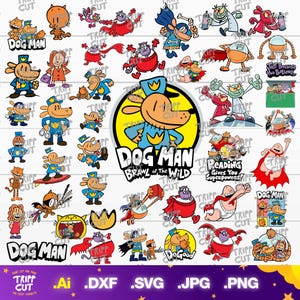 Puede incluir: Una colección de ilustraciones de personajes de Dog Man en varias poses, incluyendo a Dog Man con uniforme azul, Petey el gato y Captain Underpants. El gráfico central muestra el texto Dog Man Brawl of the Wild.
