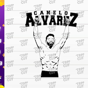 May include: Black and white graphic of a muscular man with arms raised, holding a banner with the name "CANELO ALVAREZ". The image is a vector design, suitable for various applications.