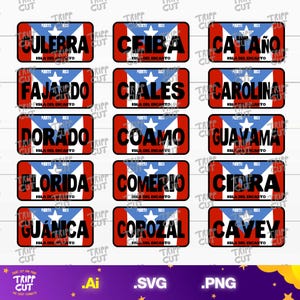 May include: Rectangular stickers featuring the Puerto Rican flag design with the names of various towns and cities in black text. The stickers have a red border and the text "Isla Del Encanto".