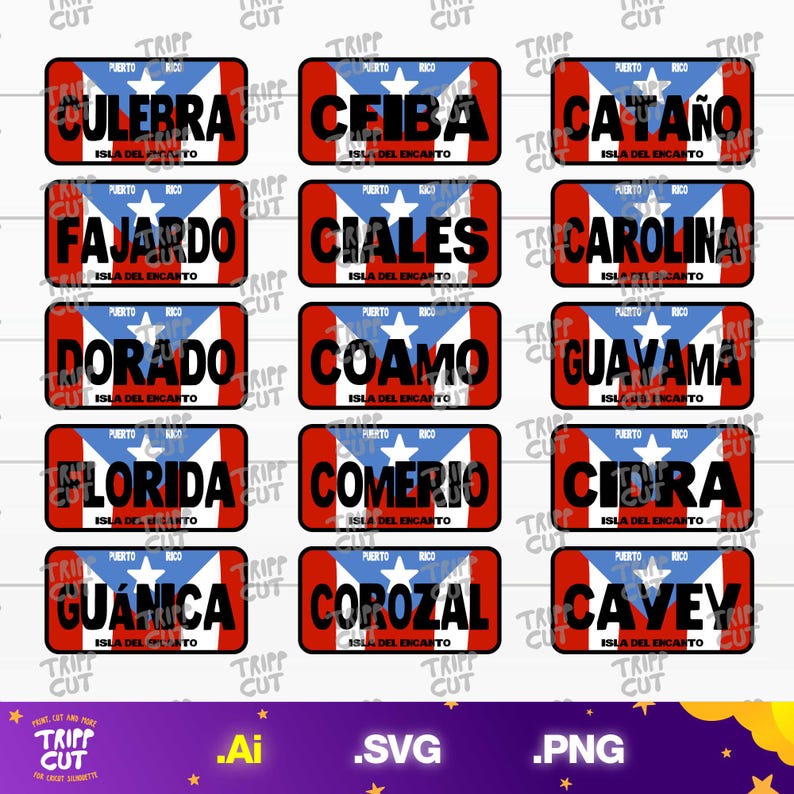 May include: Rectangular stickers featuring the Puerto Rican flag design with the names of various towns and cities in black text. The stickers have a red border and the text "Isla Del Encanto".