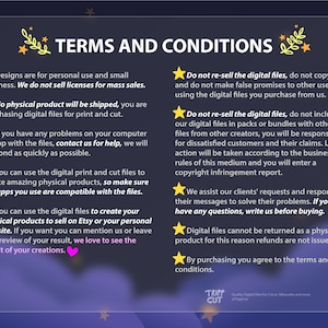 Puede incluir: Gr&aacute;fico de t&eacute;rminos y condiciones sobre un fondo azul oscuro con estrellas doradas y elementos florales. El texto detalla los derechos de uso de archivos digitales, sin env&iacute;o f&iacute;sico, y aborda la reventa, los reembolsos y la asistencia.