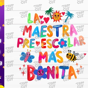 Puede incluir: Diseño gráfico colorido con el texto "LA MAESTRA PREESCOLAR MÁS BONITA" en varios colores brillantes. El diseño incluye ilustraciones de un sol, corazones, palmeras, una mariposa, una flor y una abeja.