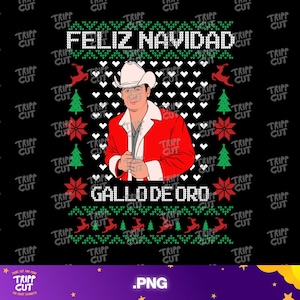 May include: Black Christmas sweater with the text "FELIZ NAVIDAD" and "GALLO DE ORO". The design features a man in a cowboy hat and red jacket, surrounded by Christmas trees, reindeer, and snowflakes.