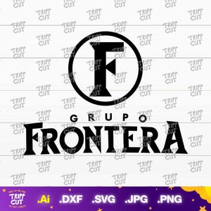 May include: Black and white logo design featuring the word "FRONTERA" in a bold, stylized font. Above the word is the text "GRUPO" and a circular emblem with the letter "F". The background has a repeating pattern of the words "TRIPP CUT".