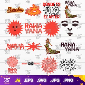 May include: A digital graphic sheet featuring various Rawayana-themed designs including stylized suns, a person in a long patterned dress, and text elements like Veneka, Donde es el after, and Rawayana in multiple fonts, colors, and graphic styles.