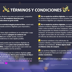 Puede incluir: Gr&aacute;fico digital con texto en espa&ntilde;ol "T&Eacute;RMINOS Y CONDICIONES", que detalla los t&eacute;rminos de servicio para archivos digitales. El texto es blanco sobre un fondo azul oscuro con detalles dorados de estrellas y hojas. Promociona archivos digitales para impresi&oacute;n y corte.