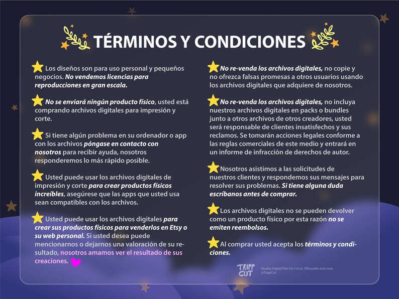 Puede incluir: Gr&aacute;fico digital con texto en espa&ntilde;ol "T&Eacute;RMINOS Y CONDICIONES", que detalla los t&eacute;rminos de servicio para archivos digitales. El texto es blanco sobre un fondo azul oscuro con detalles dorados de estrellas y hojas. Promociona archivos digitales para impresi&oacute;n y corte.