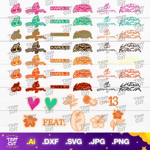 Puede incluir: Una colección de pegatinas digitales coloridas con varios diseños y texto. Las pegatinas incluyen texto como "KAROL G" y "LATINA FOREVA", junto con ilustraciones florales y de frutas. El banner inferior muestra extensiones de tipo de archivo.