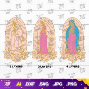 Puede incluir: Una ilustración gráfica digital de la Virgen de Guadalupe que presenta tres variaciones con diferentes números de capas. Cada diseño muestra la figura rodeada por un resplandor y rosas, etiquetada como 2 layers, 3 layers y 4 layers.