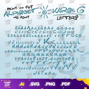 Puede incluir: Un conjunto de alfabeto digital con letras y caracteres de estilo dibujado a mano en color verde azulado. El texto dice PRINT AND CUT ALPHABET - KAROL G LETTERS. El diseño incluye varias letras mayúsculas y minúsculas en filas.