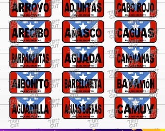 May include: Rectangular stickers featuring the Puerto Rican flag design with the names of various towns and cities in bold, black text. The stickers have a red border and the text "Isla Del Encanto".
