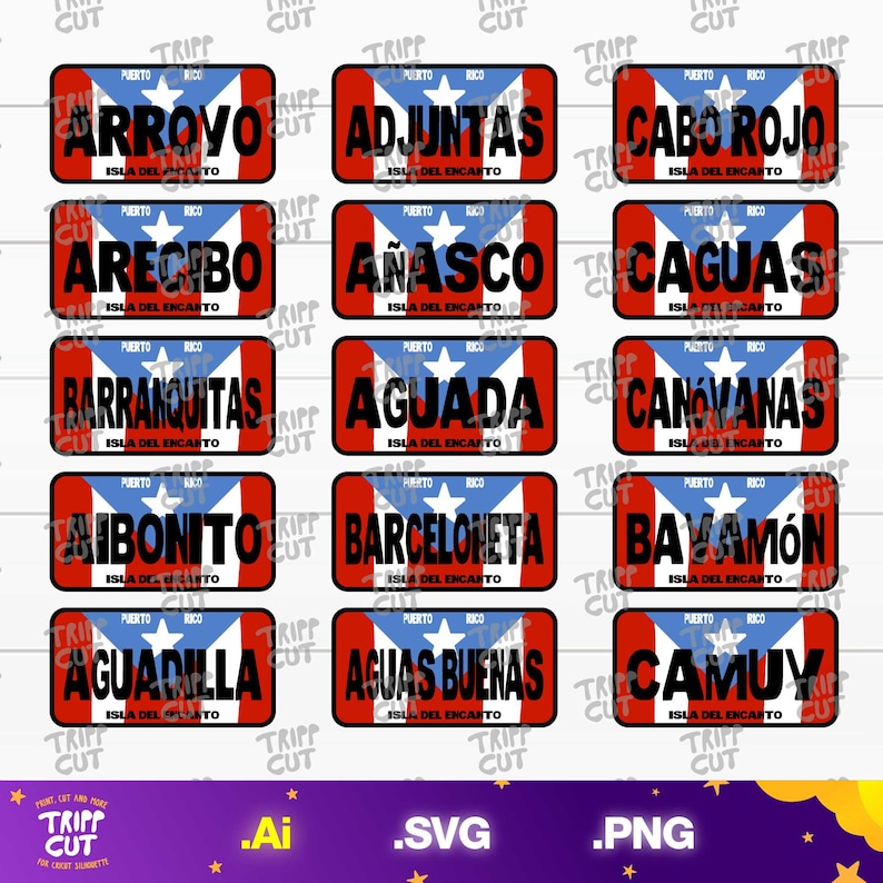 May include: Rectangular stickers featuring the Puerto Rican flag design with the names of various towns and cities in bold, black text. The stickers have a red border and the text "Isla Del Encanto".