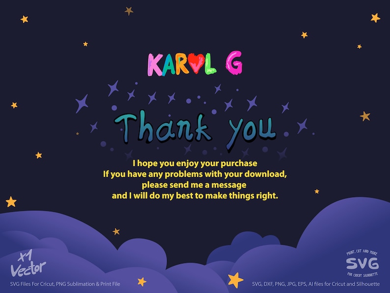 Puede incluir: Un dise&ntilde;o de arte digital con un fondo azul oscuro que presenta el texto "KAROL G" en letras de burbujas coloridas y "Thank you" en azul y verde. La imagen incluye estrellas, nubes y un mensaje sobre la compra.