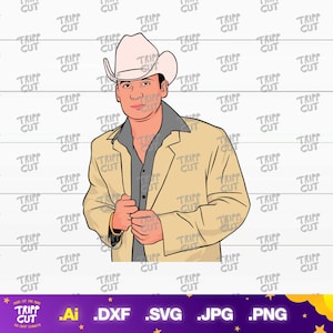 May include: Illustration of a man wearing a cowboy hat, a light tan blazer, and a gray shirt. The image has a repeating pattern of the text "TRIPP CUT" in the background. The bottom of the image includes file type icons.