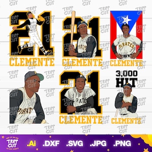 Puede incluir: Colección de ilustraciones digitales de Roberto Clemente en varias poses de béisbol. Cada imagen incluye el número 21, la palabra "Clemente" y el logotipo del equipo Pirates. Las imágenes son en negro, dorado y blanco.