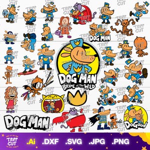 Op de afbeelding: Een verzameling cartoonkarakteruitknipprofielen uit de "Dog Man"-serie. De karakters omvatten een hond-man in politie-uniform, een kat en andere figuren. De afbeelding bevat ook de tekst "Dog Man" en "Brawl of the Wild".