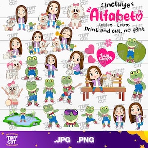 Puede incluir: Una impresión de arte digital con varios personajes de dibujos animados, incluyendo una niña con cabello castaño, un perro blanco y varias ranas verdes. La imagen incluye el texto "Alfabeto" y "Print and cut, no font."