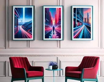 Neon Futuristic Art Bundle, Printable Wall Art, Sci Fi Concept, 24 x 36 Art, Game-room Art