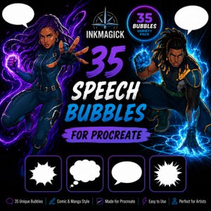 May include: Digital graphic with two comic book characters and speech bubbles. The text says "INKMAGICK 35 SPEECH BUBBLES FOR PROCREATE". The image also shows speech bubble designs and the text "35 Unique Bubbles, Comic & Manga Style, Made for Procreate, Easy to Use, Perfect for Artists."