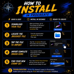 May include: A guide on installing a brush set in Procreate, with the title "HOW TO INSTALL IN PROCREATE" in yellow and blue. The guide includes numbered steps with screenshots and text instructions, such as downloading and importing the file.