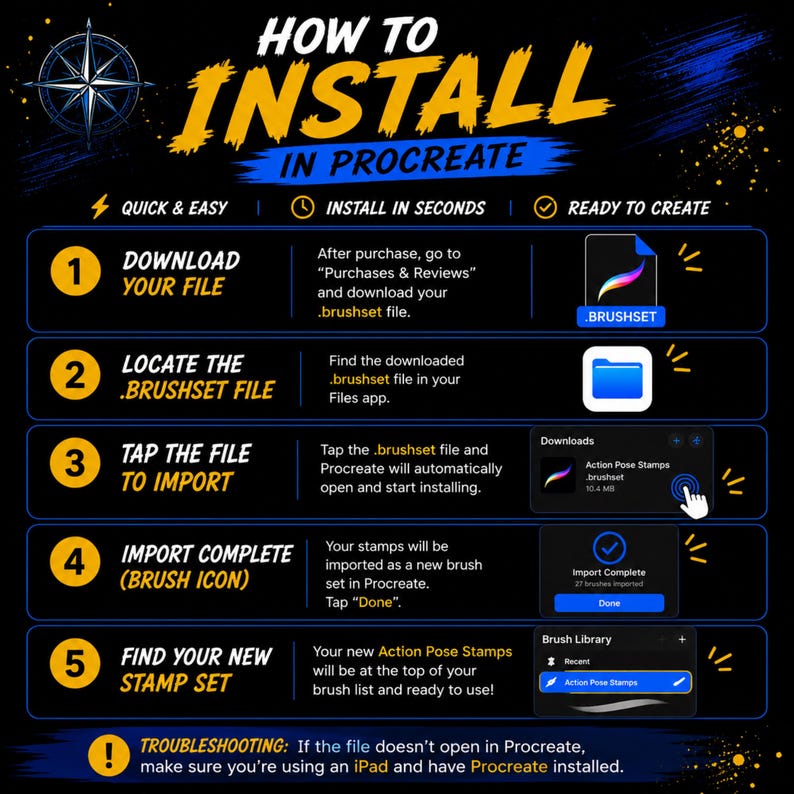 May include: A guide on installing a brush set in Procreate, with the title "HOW TO INSTALL IN PROCREATE" in yellow and blue. The guide includes numbered steps with screenshots and text instructions, such as downloading and importing the file.