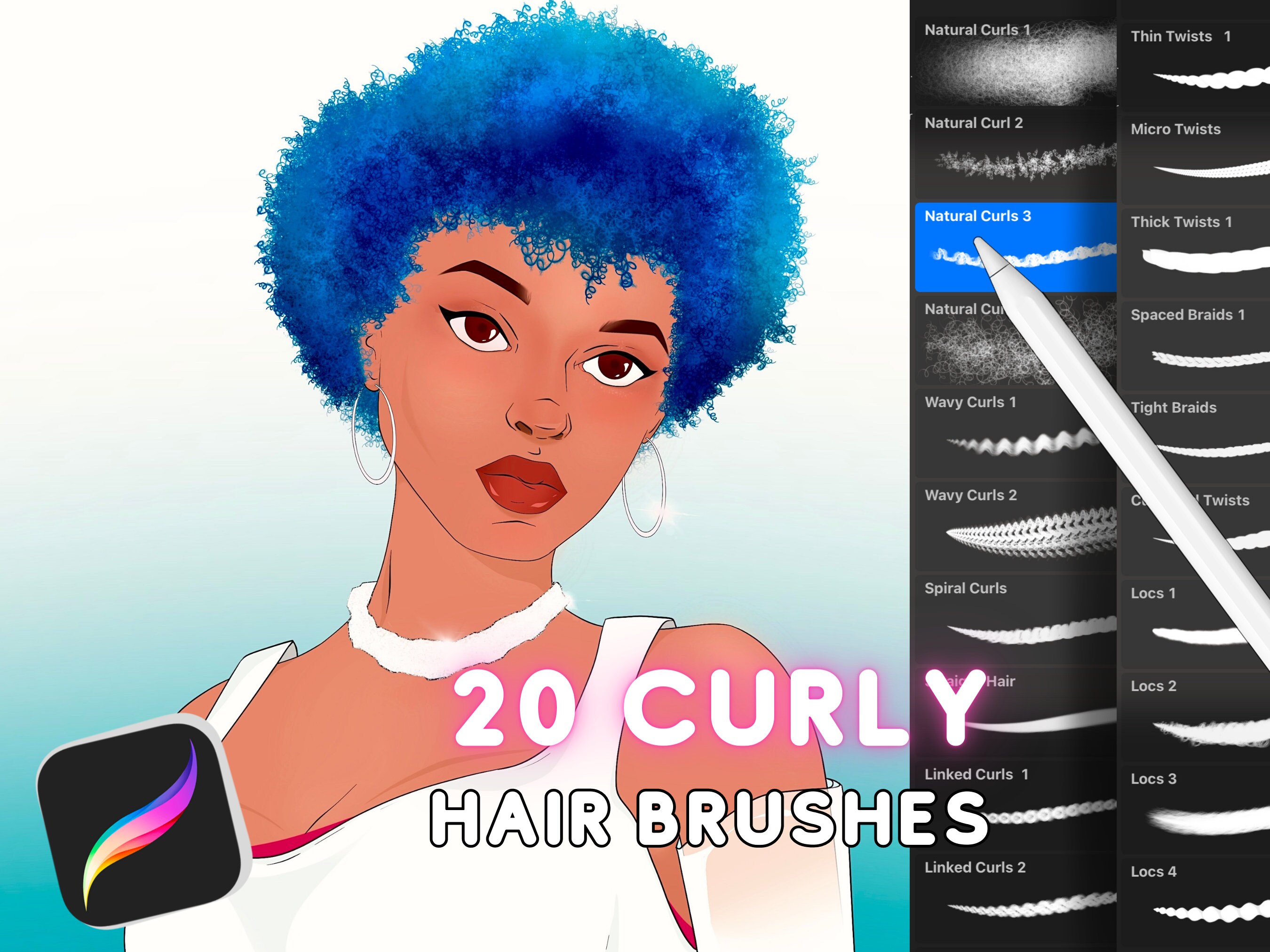 Procreate Curly Hair Brushes, iPad Procreate Brushes, Procreate Natural