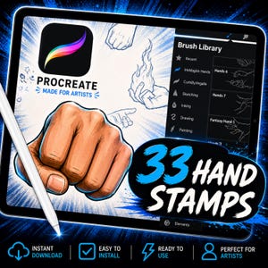 May include: A digital illustration on a tablet screen showcasing the Procreate app with the text "MADE FOR ARTISTS." The image highlights 33 hand stamps, a brush library, and a digital stylus. The bottom of the image includes the text "INSTANT DOWNLOAD", "EASY TO INSTALL", and "READY TO USE."