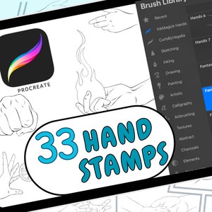 Puede incluir: Una ilustración digital de 33 sellos de mano para la aplicación Procreate. La imagen muestra una variedad de poses de mano, incluyendo un puño, un dedo apuntando y una mano sosteniendo una llama. El texto "33 HAND STAMPS" está en una fuente de estilo cómic.