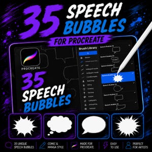 May include: An image advertising a digital art product for Procreate, offering 35 speech bubbles in comic and manga styles. The product is shown on a tablet with a stylus, emphasising its user-friendliness for artists. Text reads "35 Speech Bubbles for Procreate."