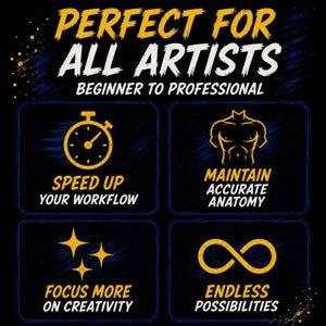 May include: A dark blue graphic with yellow and white text. The text says "PERFECT FOR ALL ARTISTS" and "BEGINNER TO PROFESSIONAL." Four icons are displayed below: a stopwatch, a torso, stars, and an infinity symbol, each with accompanying text.