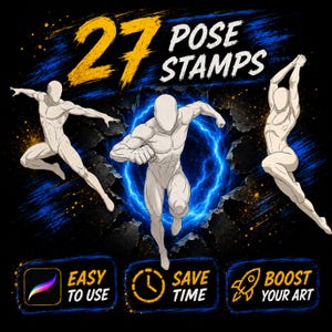 May include: Digital art product advertisement with the text "27 Pose Stamps". The image features three stylized human figures in dynamic poses, set against a dark background with blue and yellow accents. Icons at the bottom read "Easy to Use", "Save Time", and "Boost Your Art".