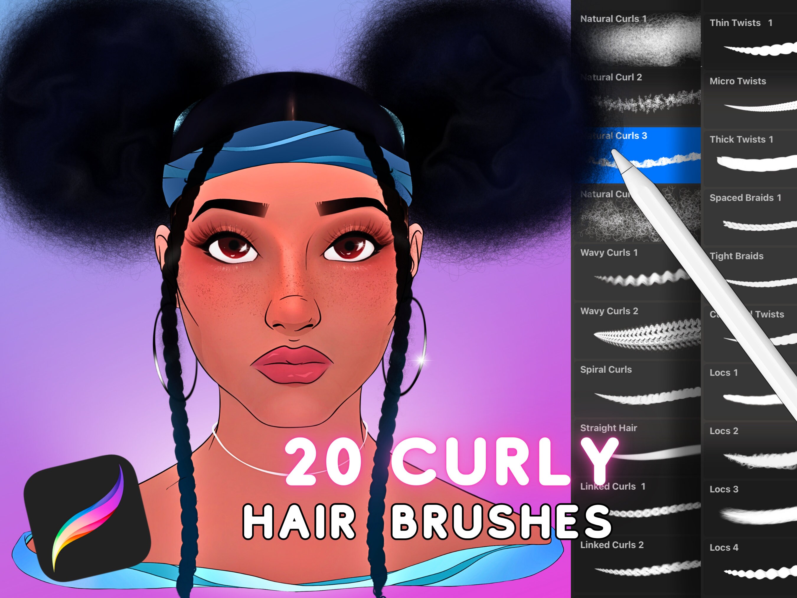 Procreate Curly Hair Brushes, iPad Procreate Brushes, Procreate Natural