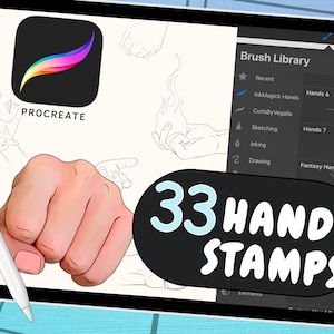 Puede incluir: Una ilustración digital de 33 sellos de manos para la aplicación Procreate. La imagen muestra una variedad de poses de manos, incluyendo un puño, una mano abierta y una mano sosteniendo una llama. El texto "33 HAND STAMPS" se muestra en letras blancas grandes sobre un fondo negro.