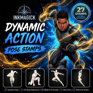 May include: Digital art pose stamps by InkMagick. The image features a dynamic action pose illustration of a person in a black suit, surrounded by golden energy effects. The text reads "Dynamic Action Pose Stamps" and "27 Stamps, Full-Body References."