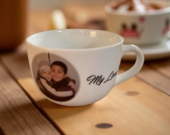 Mug personalized with photos, Ice Cream CUPS, Soup MUG, Tea Drinker, Personalized White porcelain, 24 Ounce Hot Beverage Mug, no vinyl used
