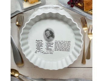 Pie Dish personalized with handwritten RECIPE, photos, display pie pan, High Quality, Handwritten Family Recipe, 2” deep, art under glaze