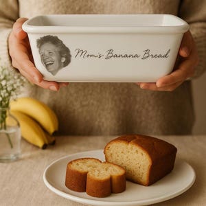 Tall loaf pan with handwritten recipe, personalized baking dish, artwork engraved on inside and outside of porcelain baker, 10x5”x3.25”