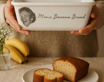 Tall loaf pan with handwritten recipe, personalized baking dish, artwork engraved on inside and outside of porcelain baker, 10x5”x3.25”